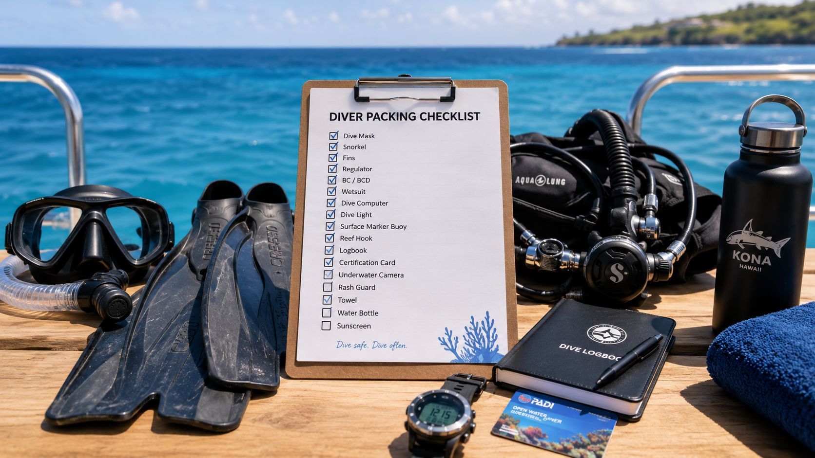 A scuba diver's gear and packing checklist arranged on a boat deck overlooking the ocean in Hawaii.