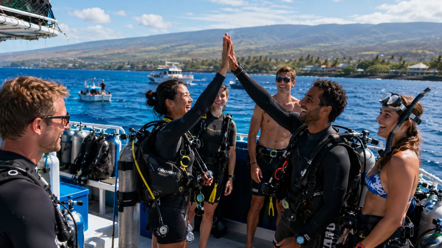A diverse group of scuba divers celebrates and high-fives on a boat deck after a diving excursion.