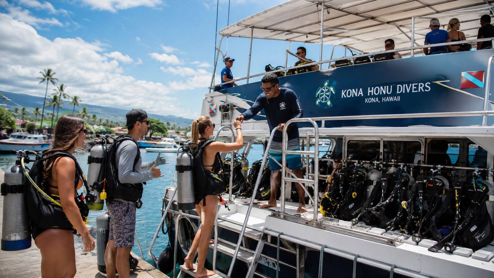 A group of scuba divers preparing to board a Kona Honu Divers boat in Hawaii.