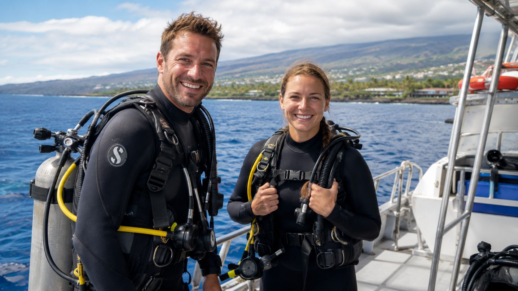 A smiling couple wearing scuba diving gear on a boat off the coast of Hawaii.