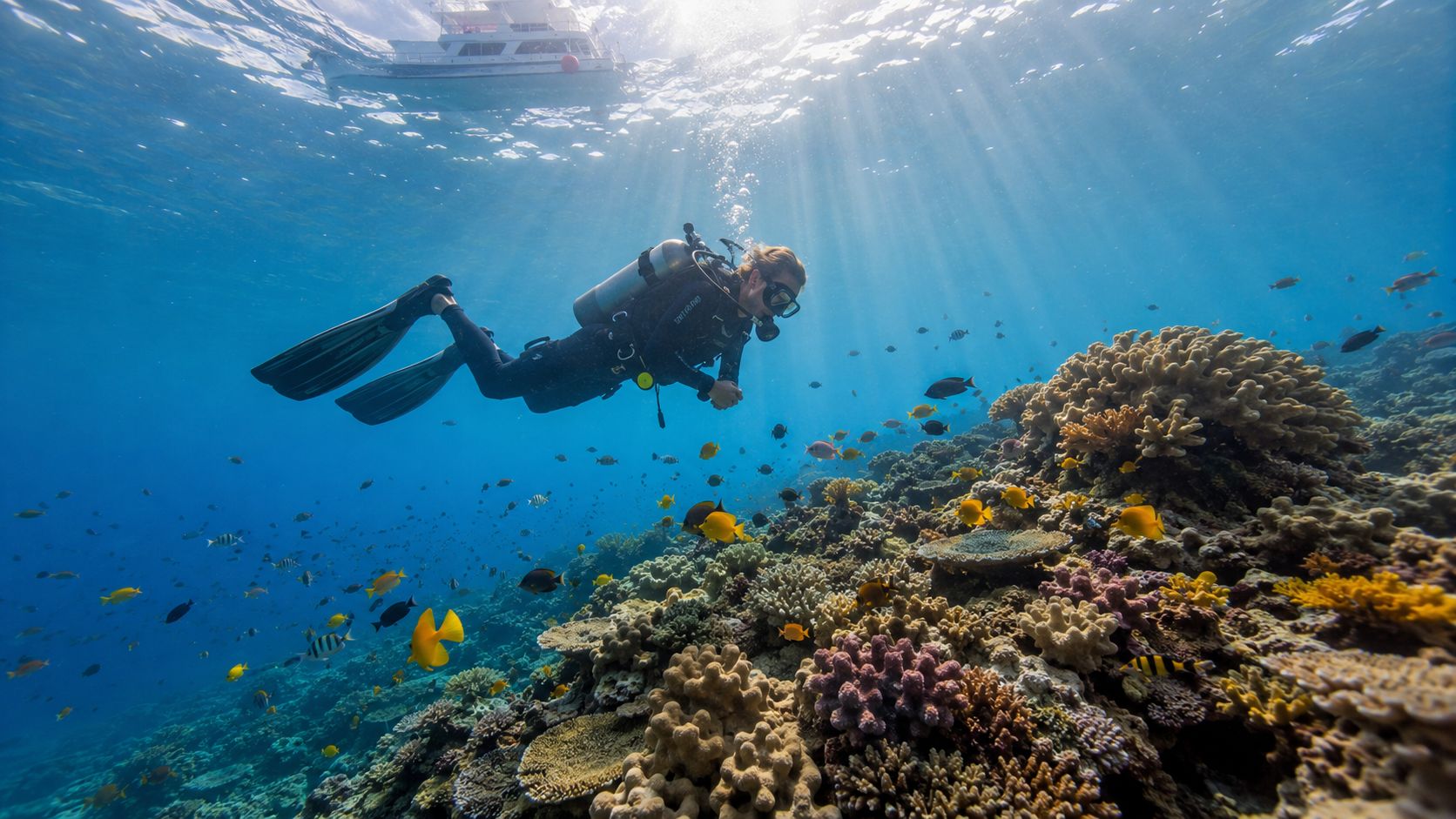 A scuba diver explores a vibrant coral reef filled with colorful tropical fish beneath a boat.