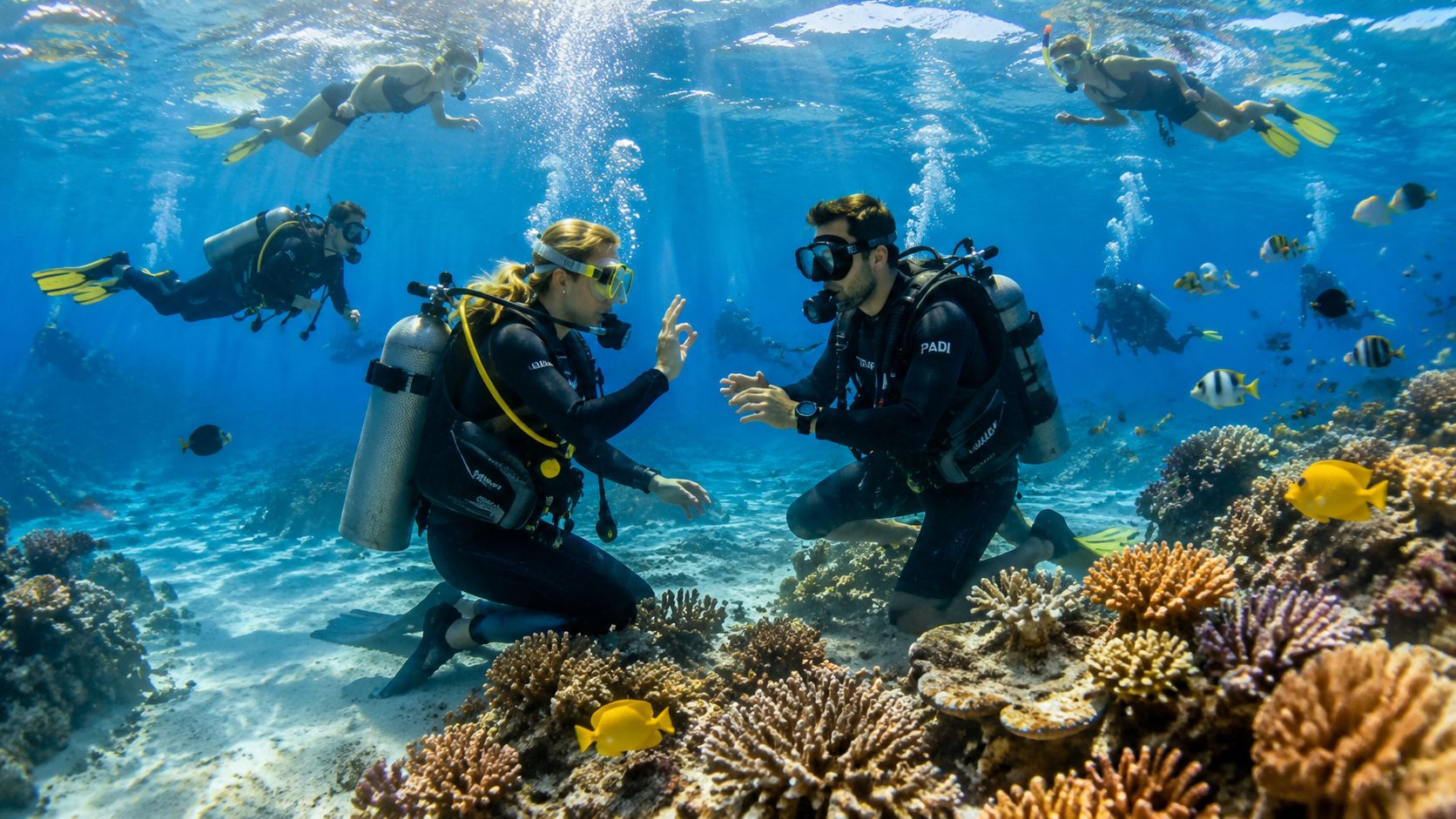 Scuba divers interacting near a vibrant coral reef in clear blue tropical ocean waters.