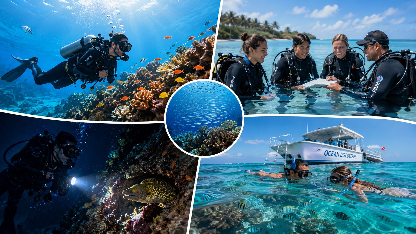 A collage showing scuba divers exploring coral reefs, observing sea life, and snorkeling near a dive boat.