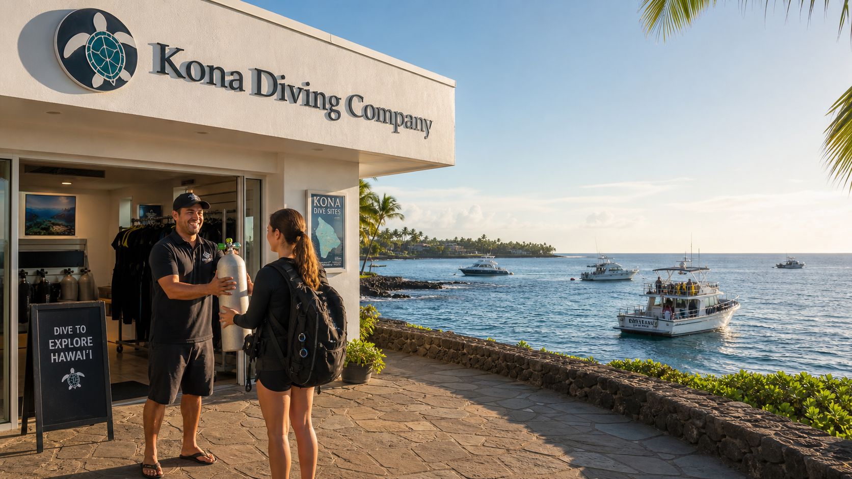 A professional scuba instructor handing a diving tank to a female customer outside Kona Diving Company shop.