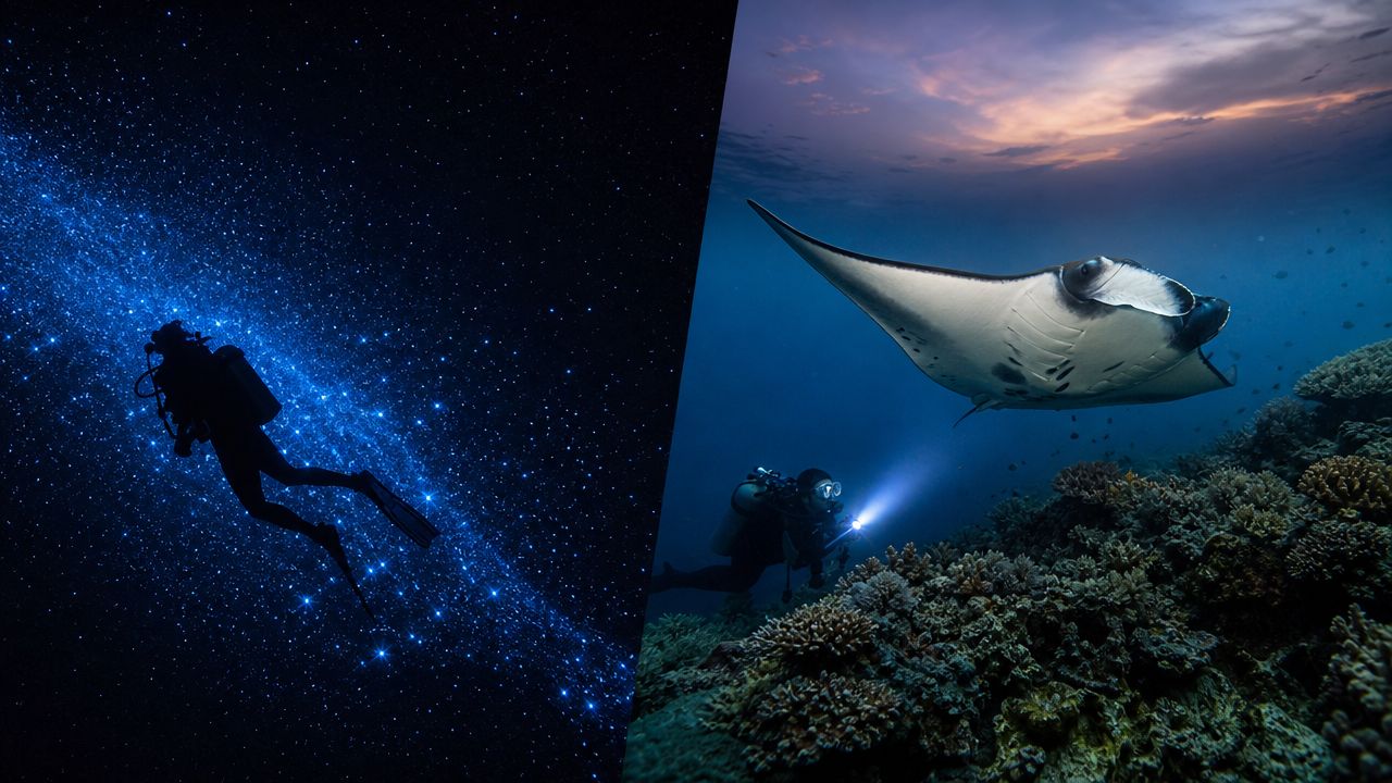 A split composition featuring a scuba diver in a starry sky and a diver swimming with a manta ray.