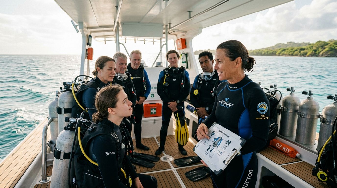 A professional scuba diving instructor conducts a safety briefing for a group of students on a boat.