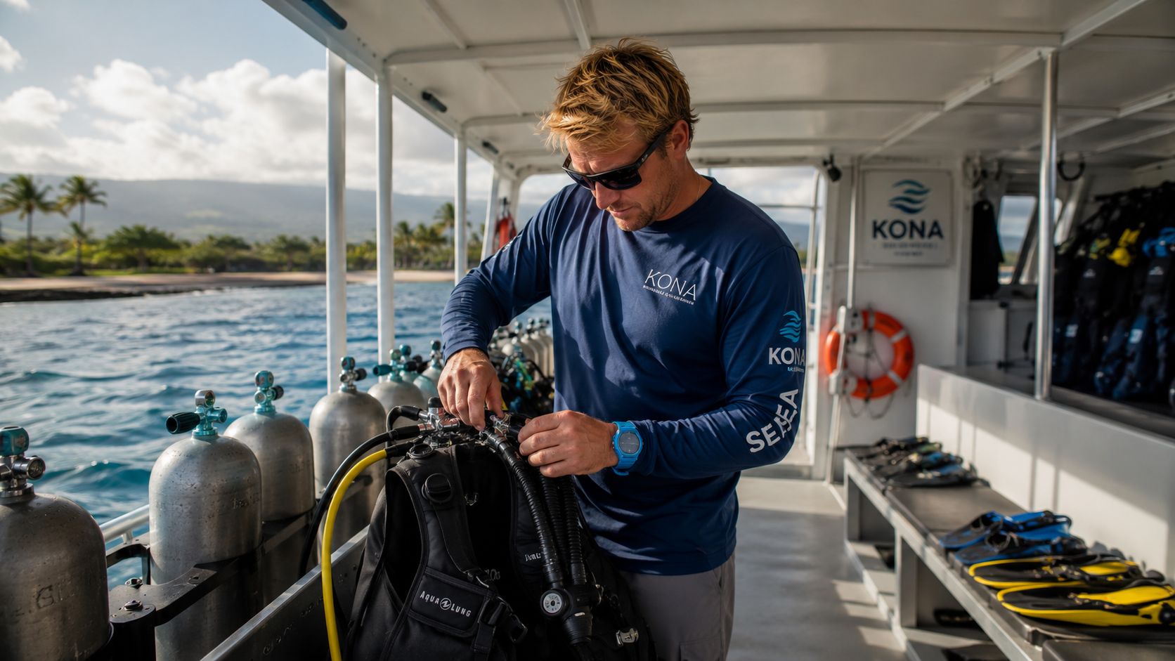 A professional scuba instructor prepares diving gear on a boat off the coast of Kona, Hawaii.