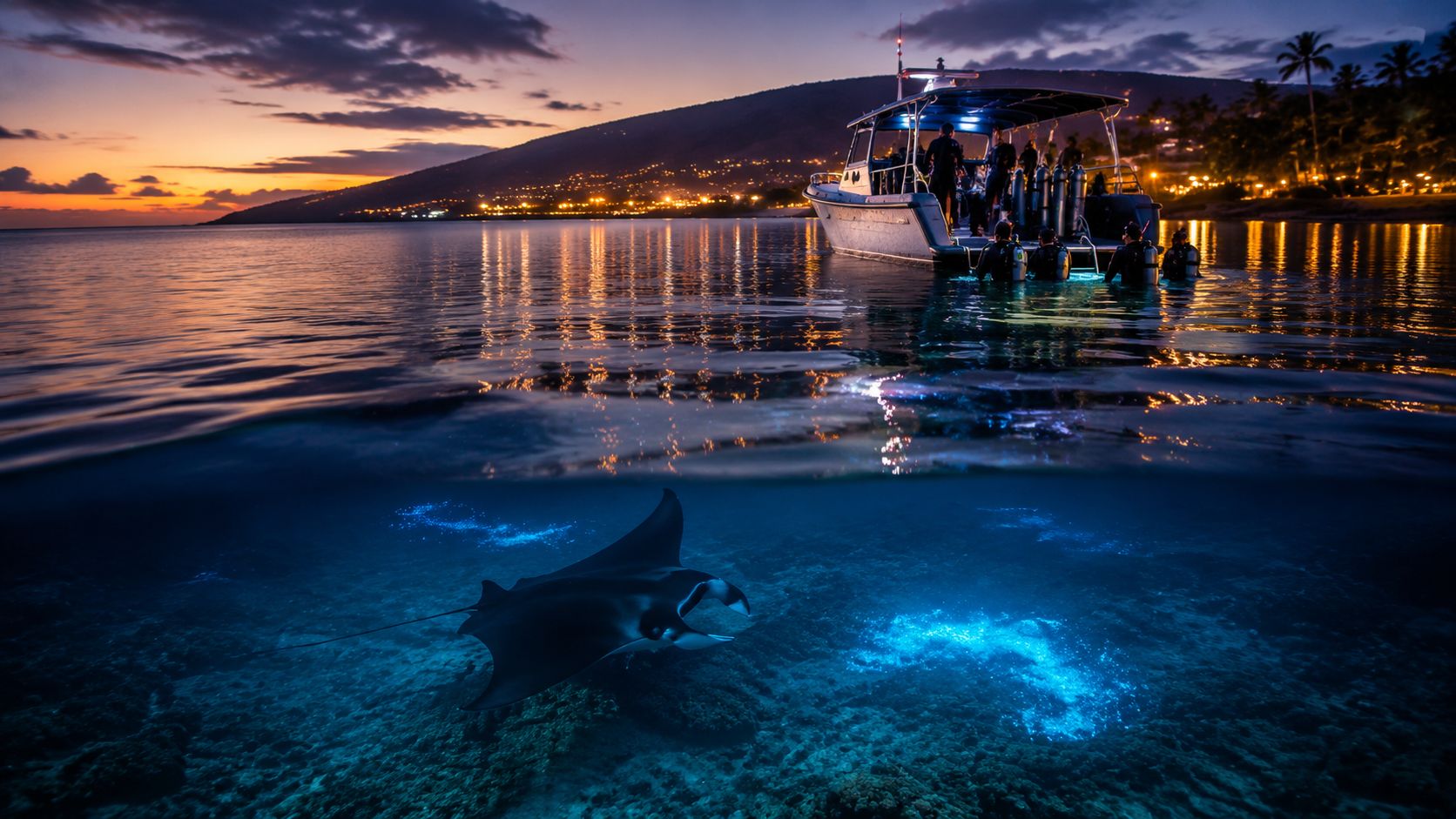 A manta ray swimming near a boat with scuba divers in the water during a night dive