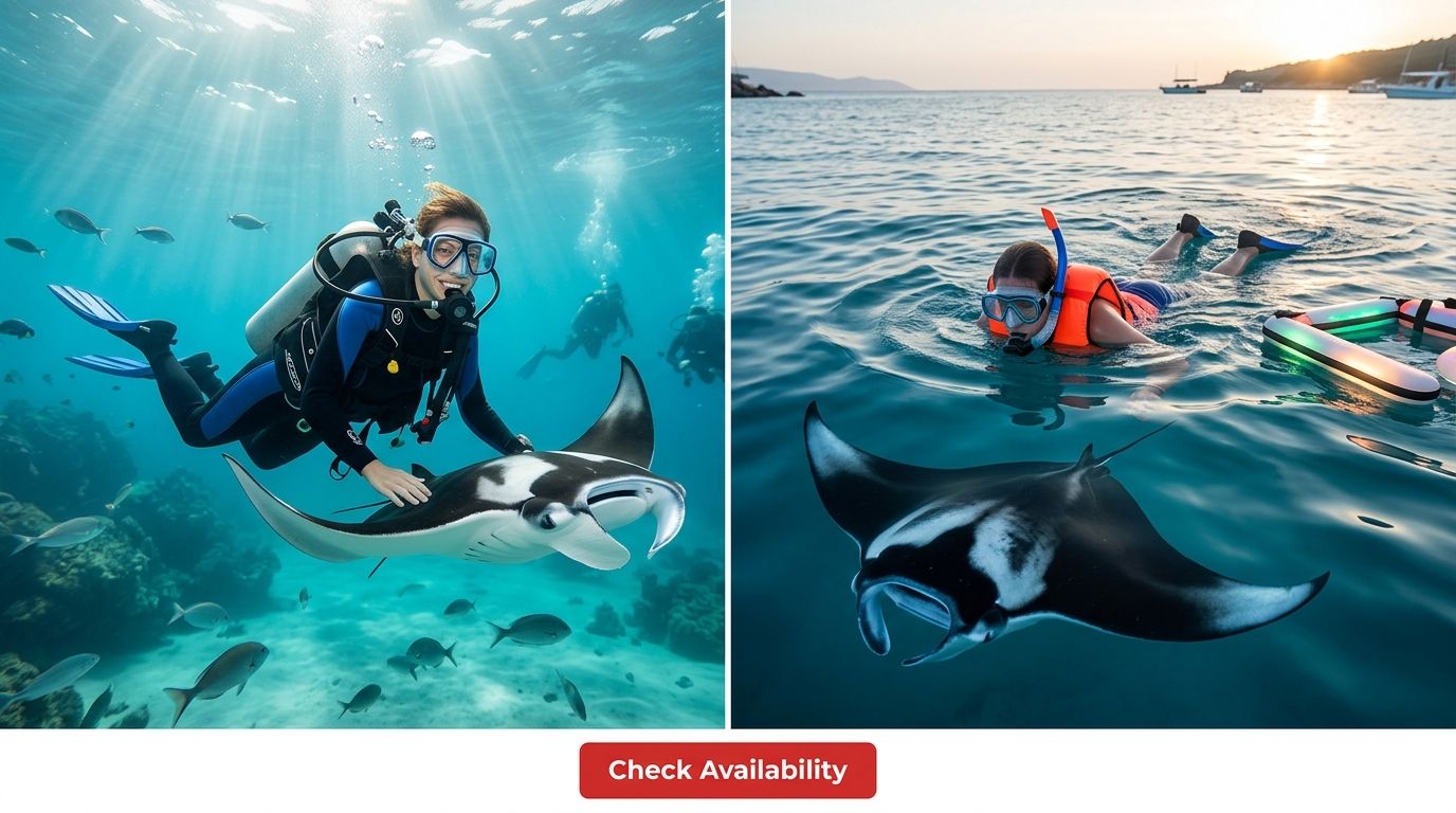 A split-screen image featuring a diver swimming with a manta ray underwater and a snorkeler observing one.