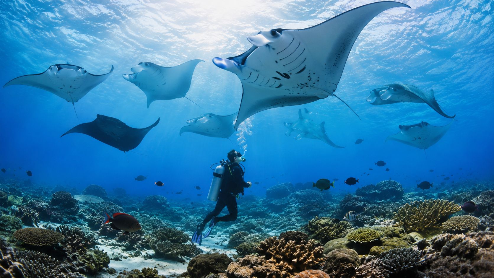 A scuba diver swimming among a graceful school of manta rays over a colorful tropical coral reef.