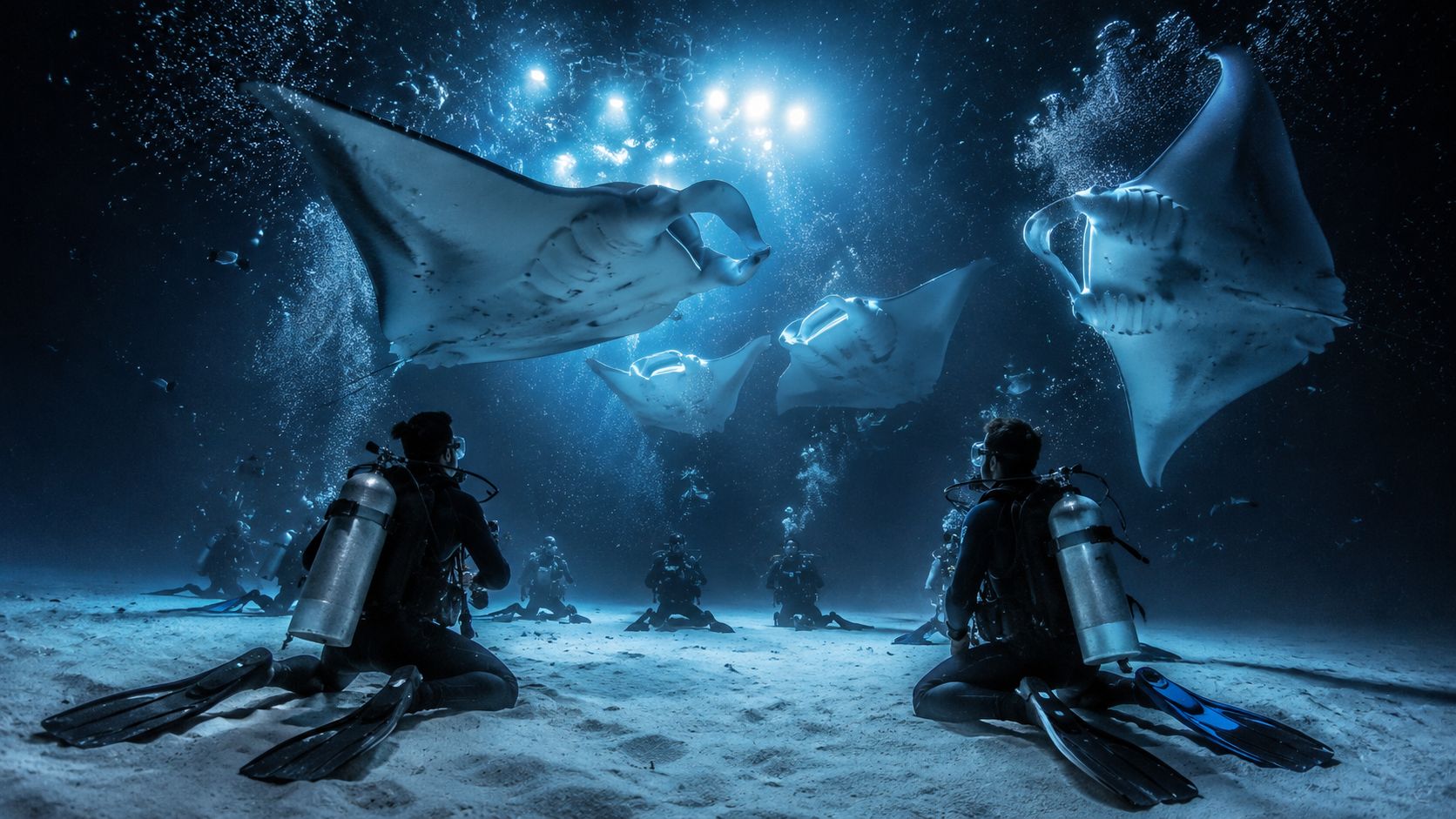 Scuba divers kneeling on the ocean floor watching a group of graceful manta rays swimming above them.