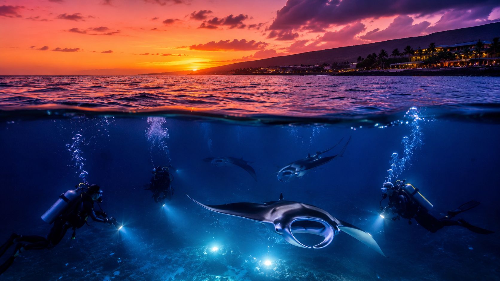 Scuba divers swimming underwater with manta rays during a colorful sunset off the coast of Kona, Hawaii.
