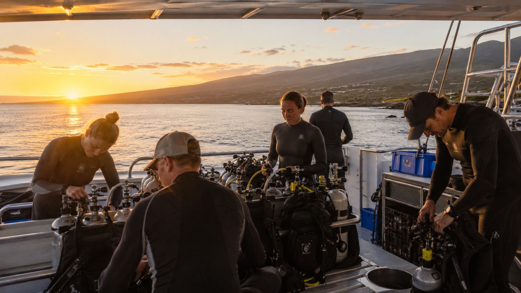 Scuba divers preparing their diving gear on a boat during a beautiful sunset over the ocean.
