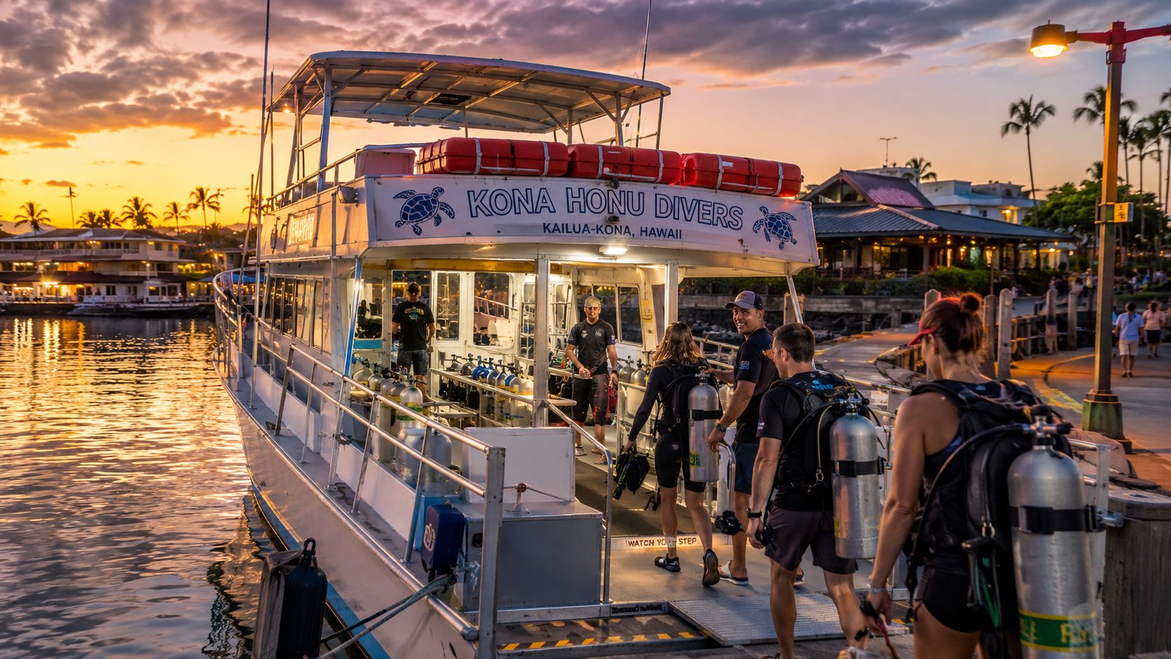 Scuba divers carrying gear boarding a dive boat named Kona Honu Divers in Hawaii at sunset.