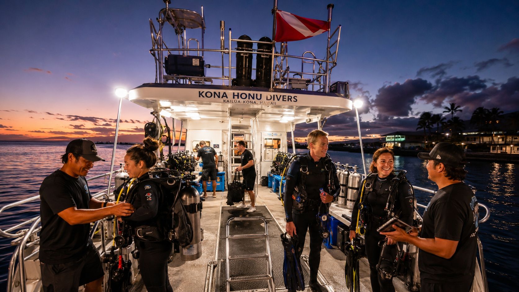 Scuba divers in wetsuits prepare their gear on the back of a boat during a sunset in Hawaii.