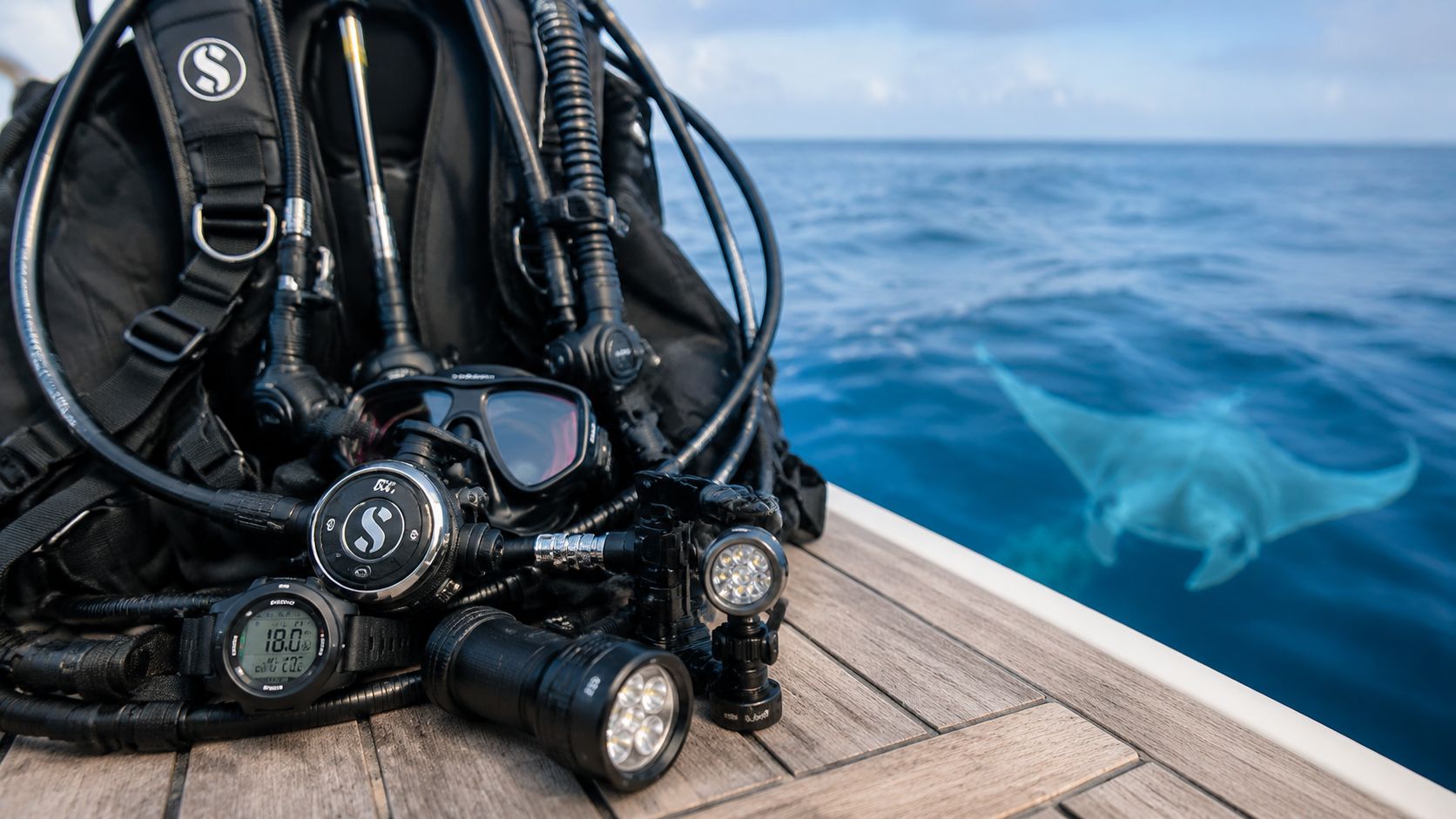 Scuba diving gear resting on a boat deck as a manta ray swims in the ocean.