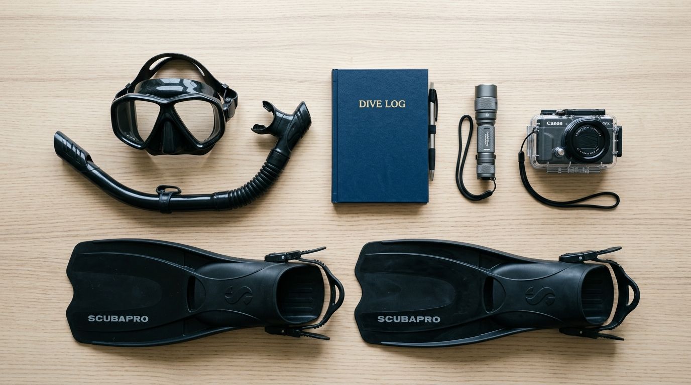 A flatlay collection of professional scuba diving equipment including fins, a mask, a snorkel, and a camera.