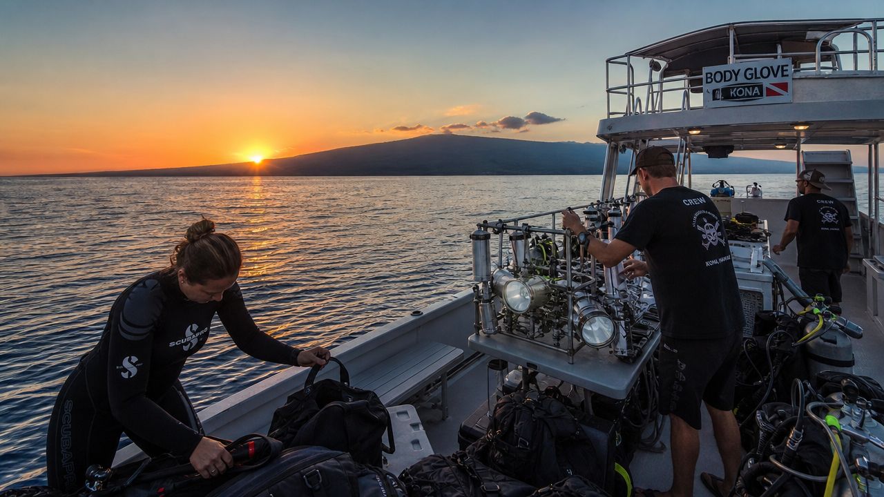 Scuba divers preparing gear on a boat deck during a beautiful sunset over the Hawaiian ocean.