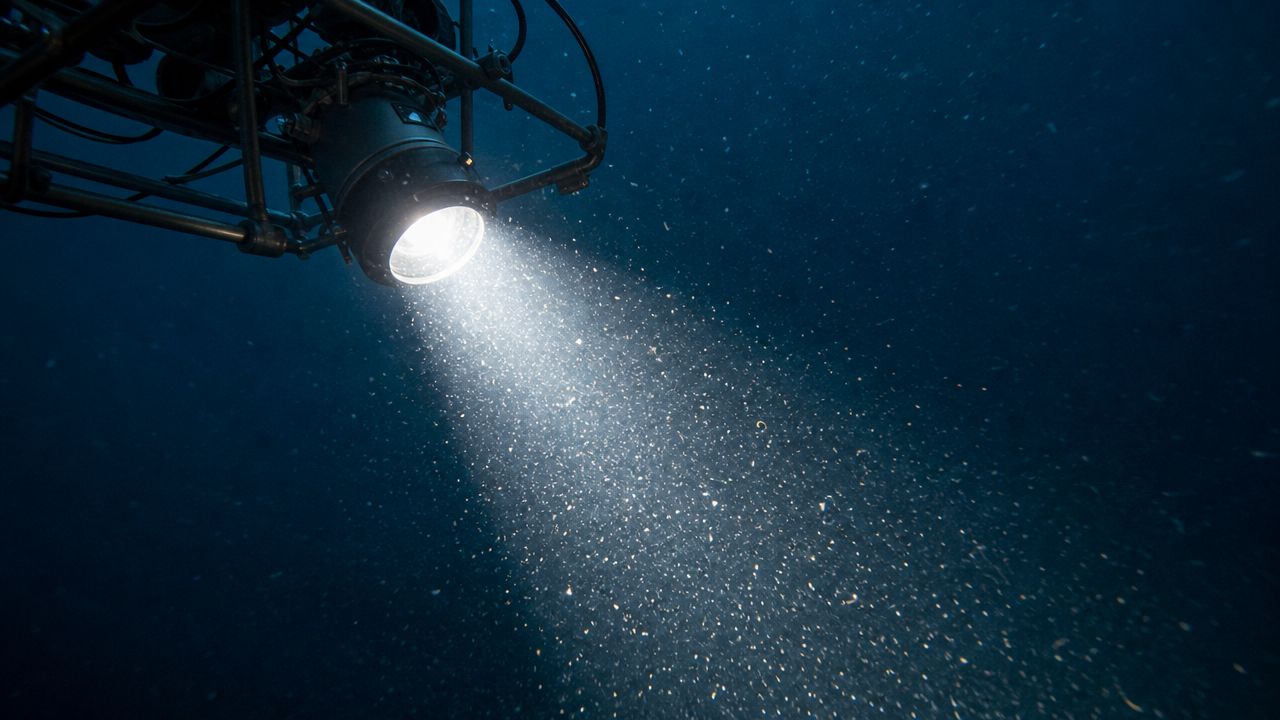 A powerful underwater searchlight illuminates marine snow and particles in the deep dark ocean depths.