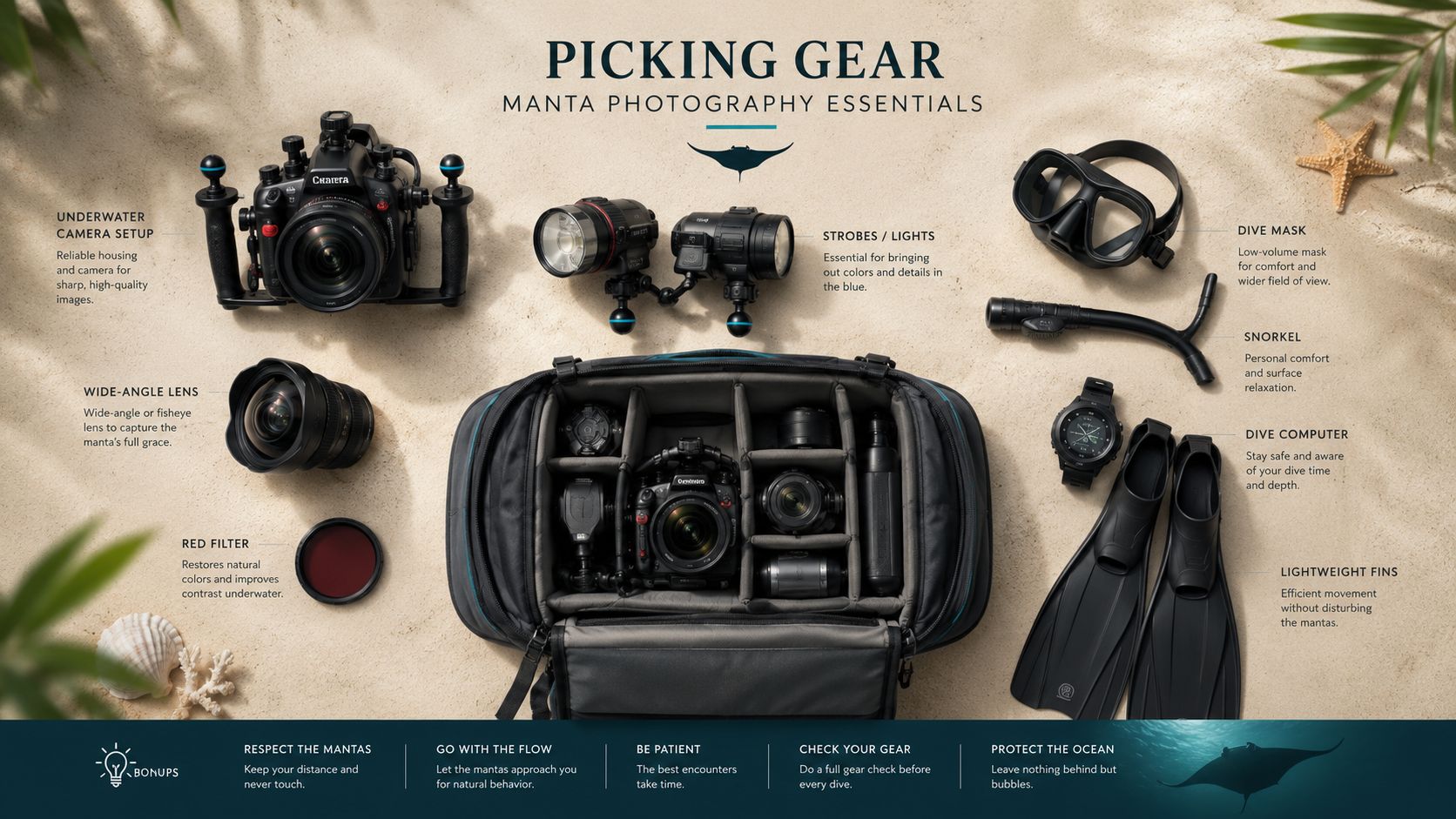 An overhead view of essential underwater photography gear for manta ray diving arranged on sandy beach sand.