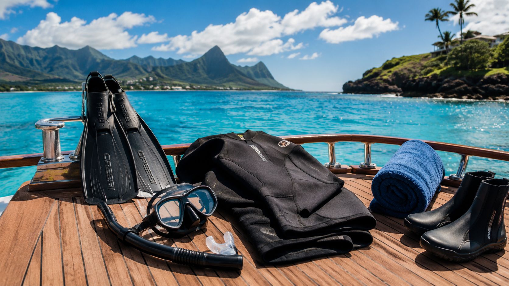 Scuba diving equipment including fins, a mask, snorkel, wetsuit, and boots laid out on a boat deck.