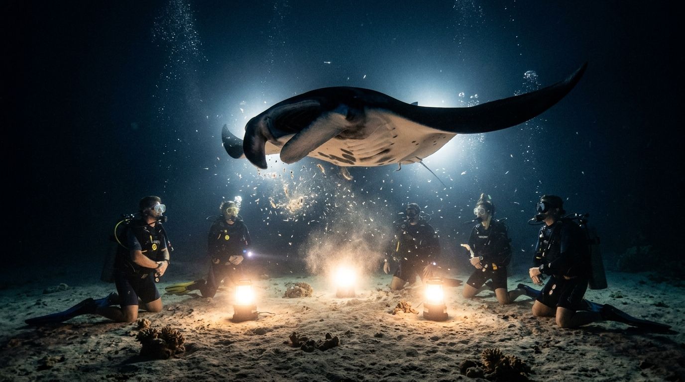 Scuba divers kneeling on the ocean floor observing a majestic manta ray swimming above them at night.