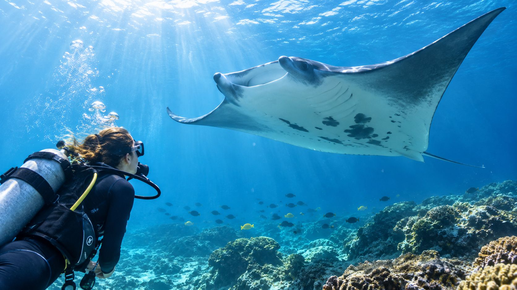A scuba diver swimming in clear tropical water while observing a large manta ray passing overhead.