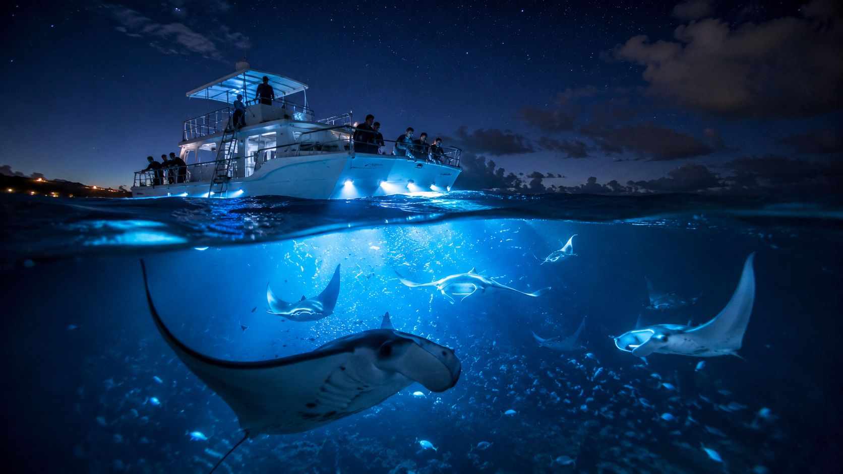A split-view shot showing a boat illuminated at night with manta rays swimming below in the ocean.