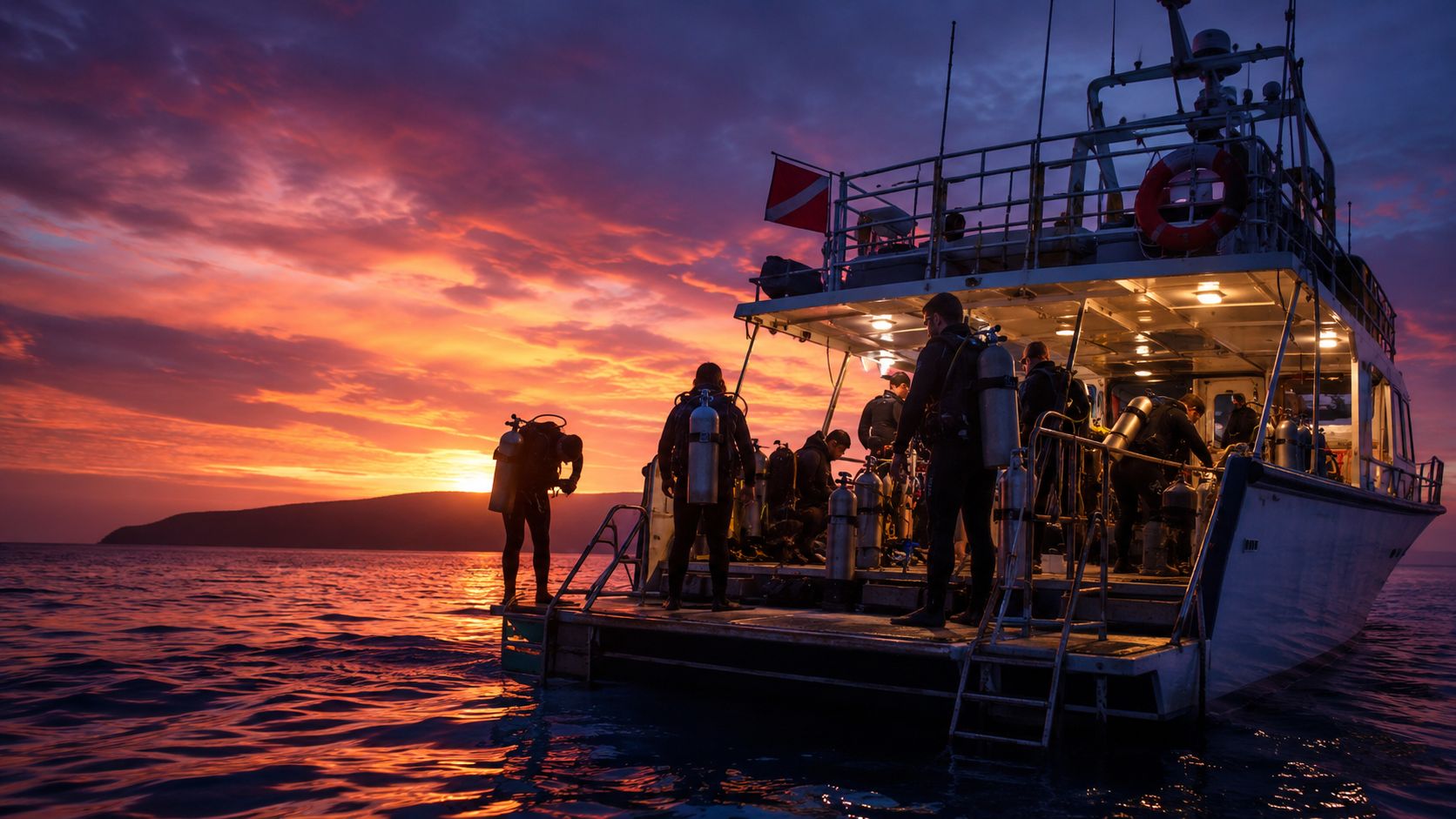 Scuba divers preparing for a manta ray night dive on a boat during a vibrant sunset