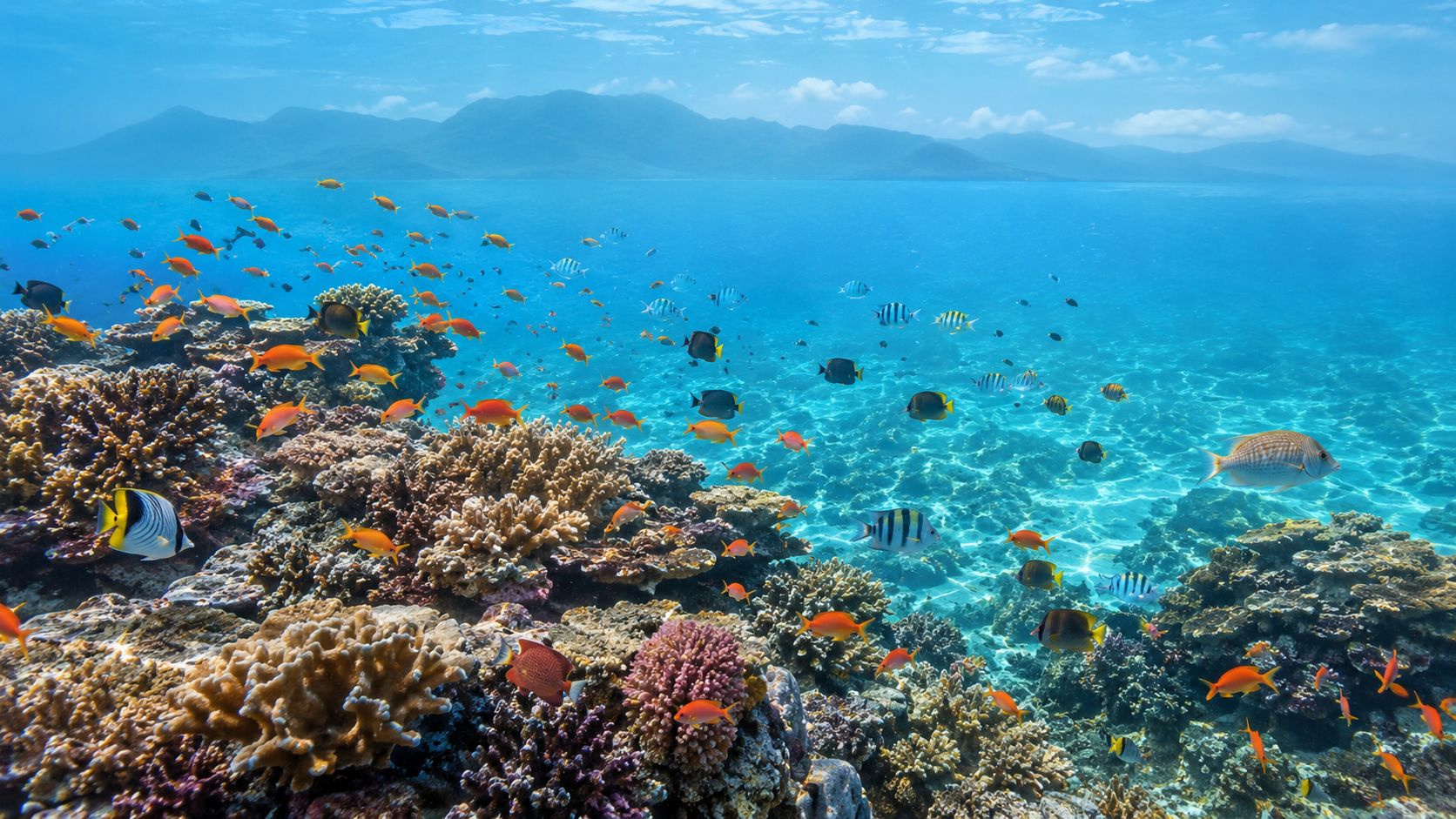 A vibrant coral reef teeming with colorful tropical fish underwater in the clear blue Hawaiian ocean.