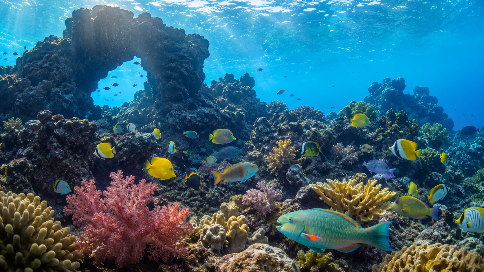 A vibrant coral reef in Hawaii filled with colorful tropical fish swimming near rocky underwater arches.