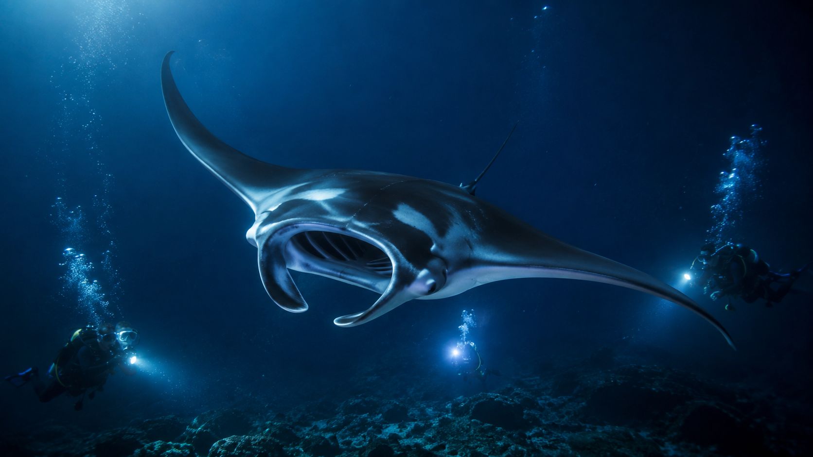 A majestic manta ray swimming gracefully over a coral reef with scuba divers using flashlights nearby.