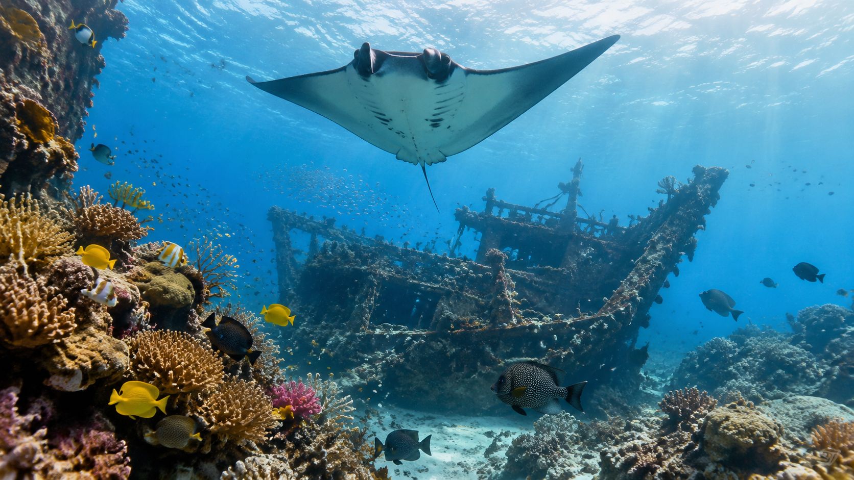 A majestic manta ray glides gracefully over a historic shipwreck surrounded by vibrant tropical coral and fish.