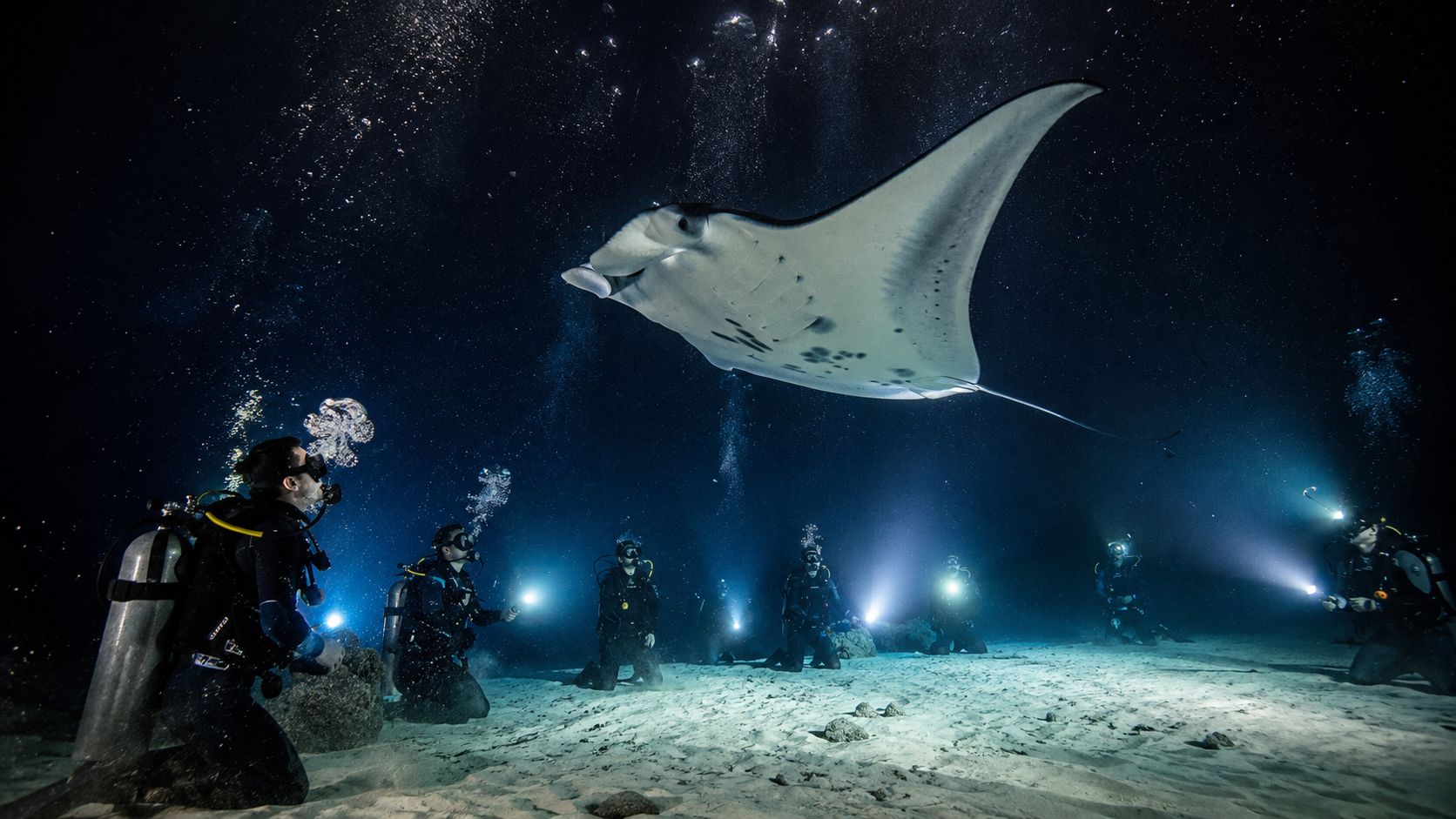Scuba divers in wetsuits kneeling on the sandy ocean floor observing a majestic manta ray swimming above