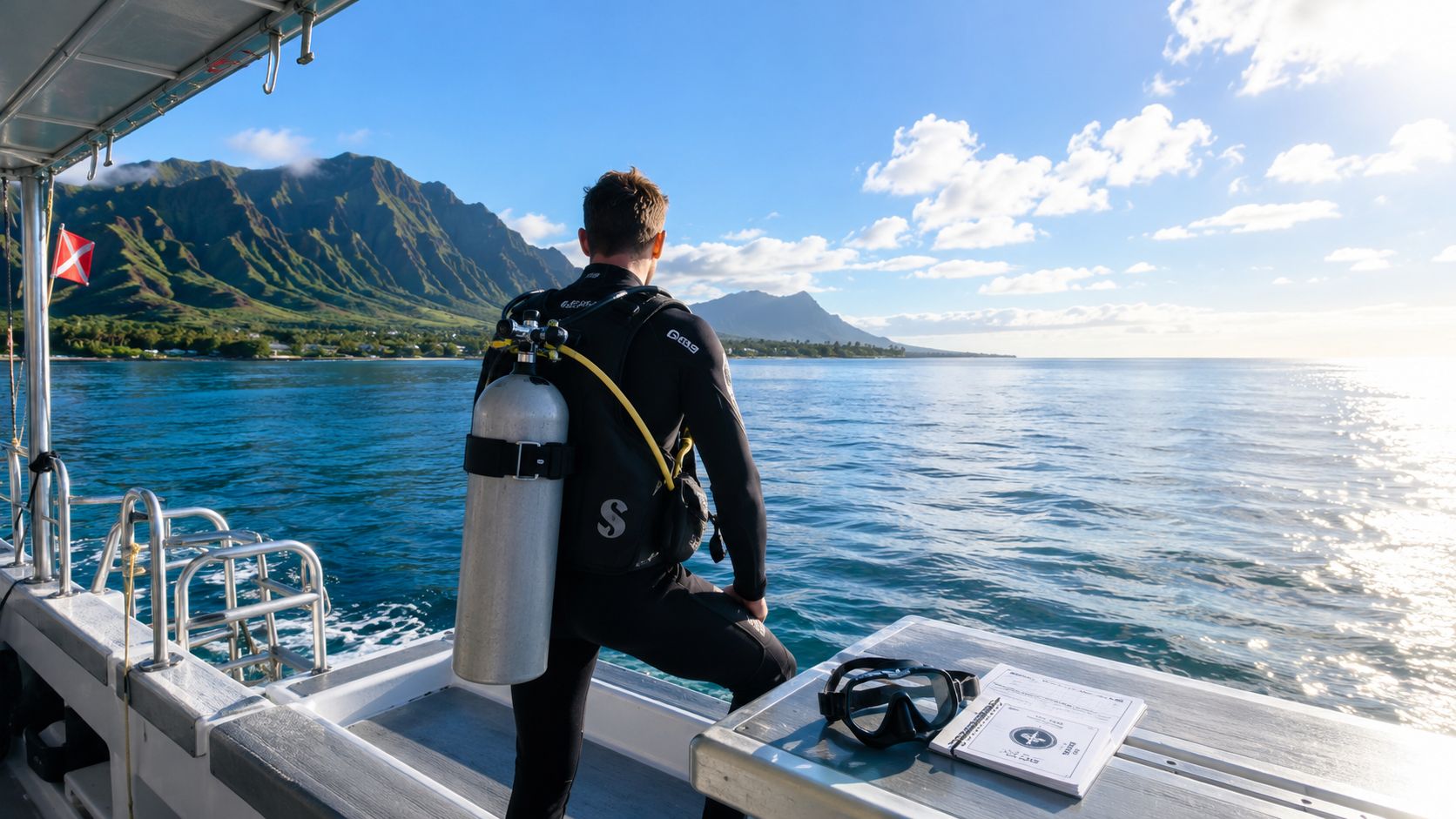 A scuba diver wearing gear stands on a boat looking out at the mountains and ocean in Hawaii.