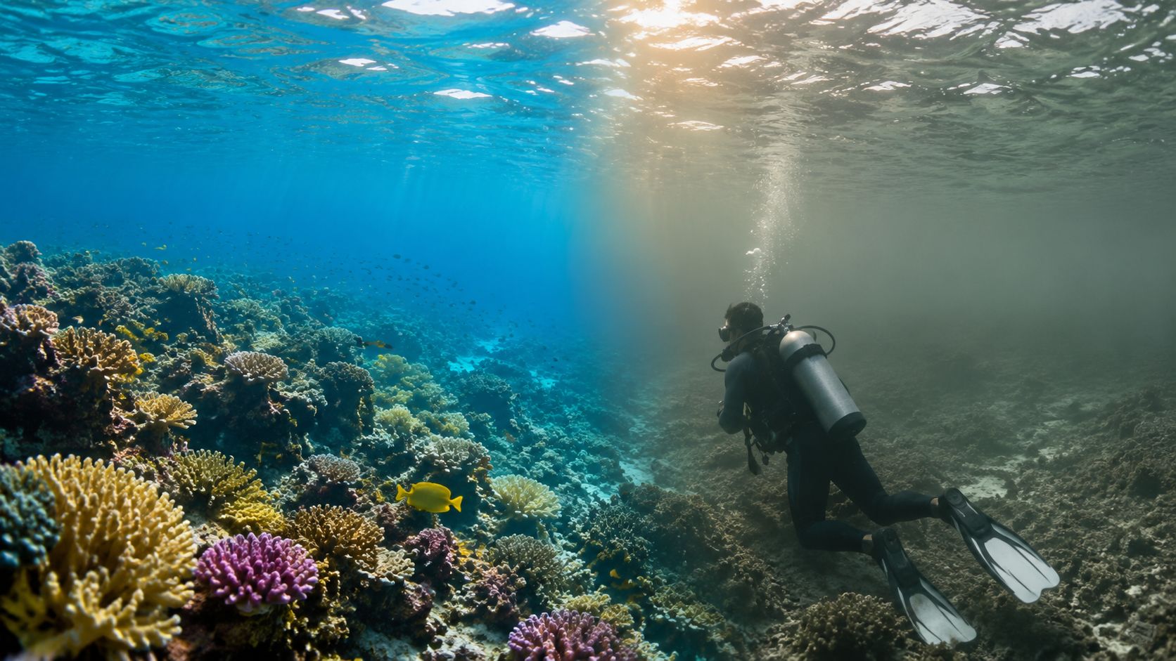 A scuba diver explores a vibrant coral reef in clear blue tropical waters with bright sunlight filtering through.