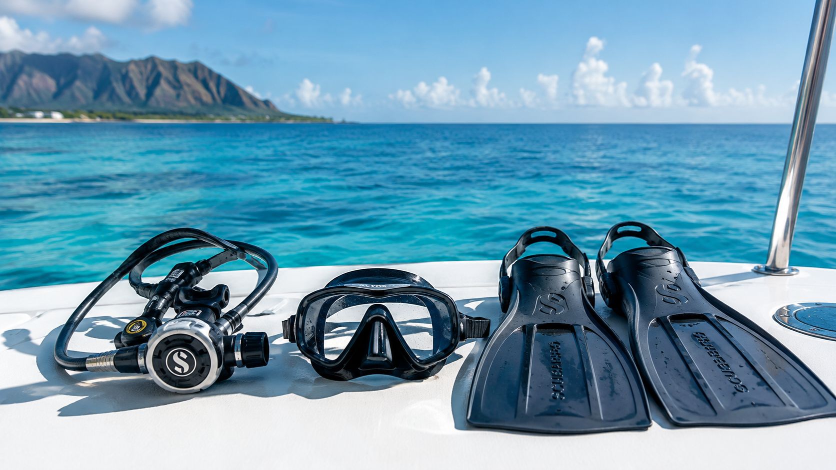 Scuba diving equipment including a regulator, mask, and fins placed on a boat deck in Hawaii.