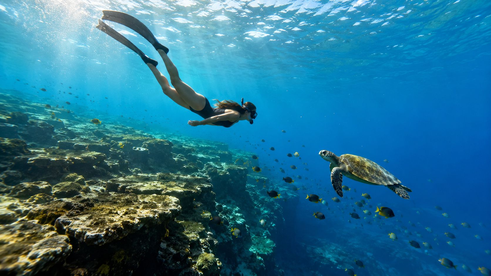 A woman snorkeling underwater in Hawaii, swimming alongside a sea turtle near a vibrant coral reef.