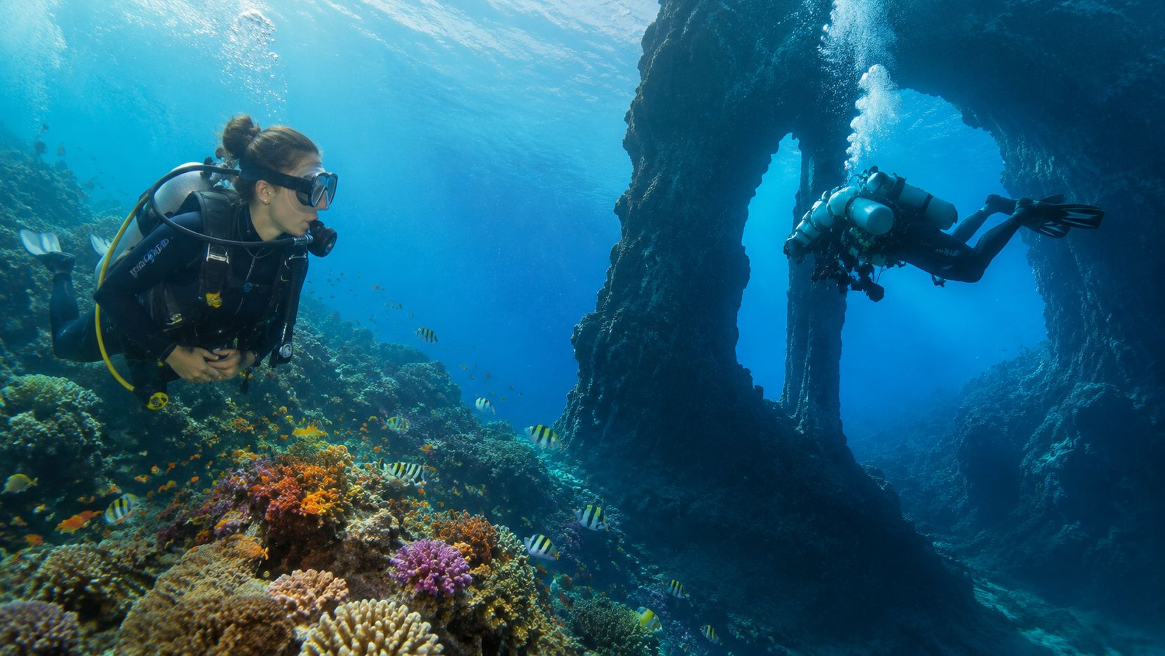 Two scuba divers exploring a beautiful vibrant coral reef and an underwater rock arch in Hawaii.