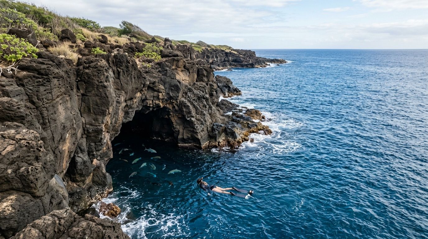 A snorkeler explores the crystal clear waters near a dramatic volcanic rock cliffside on the Hawaiian coast.
