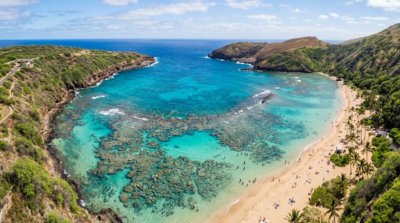Aerial view of Hanauma Bay Nature Preserve in Oahu, Hawaii, featuring turquoise water, coral reefs, and sandy beach.