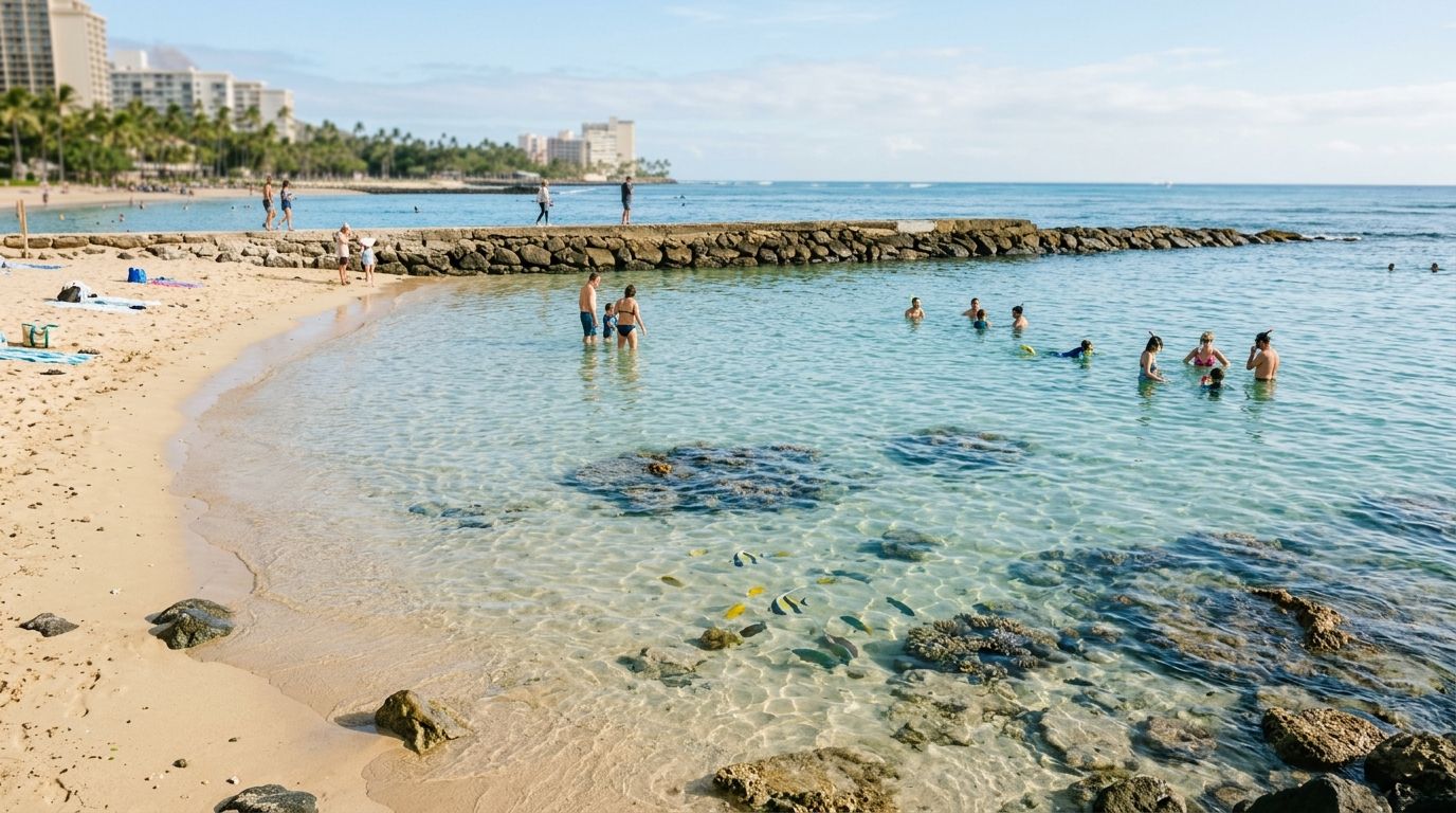 People snorkeling and swimming in the clear, shallow, protected lagoon water at Ko Olina in Oahu, Hawaii.