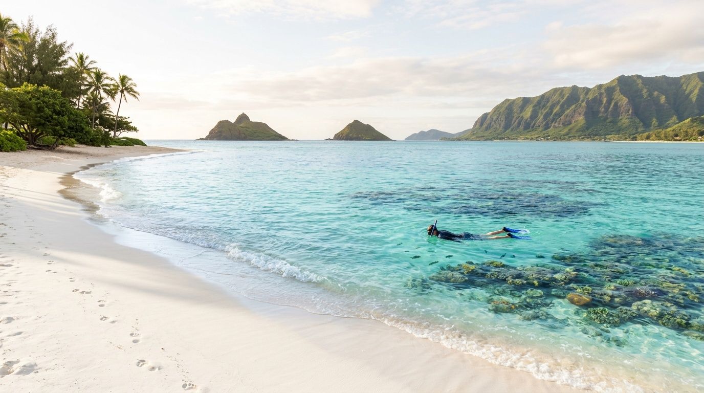 A snorkeler explores the clear blue waters of Lanikai Beach with the Mokulua Islands in the background.