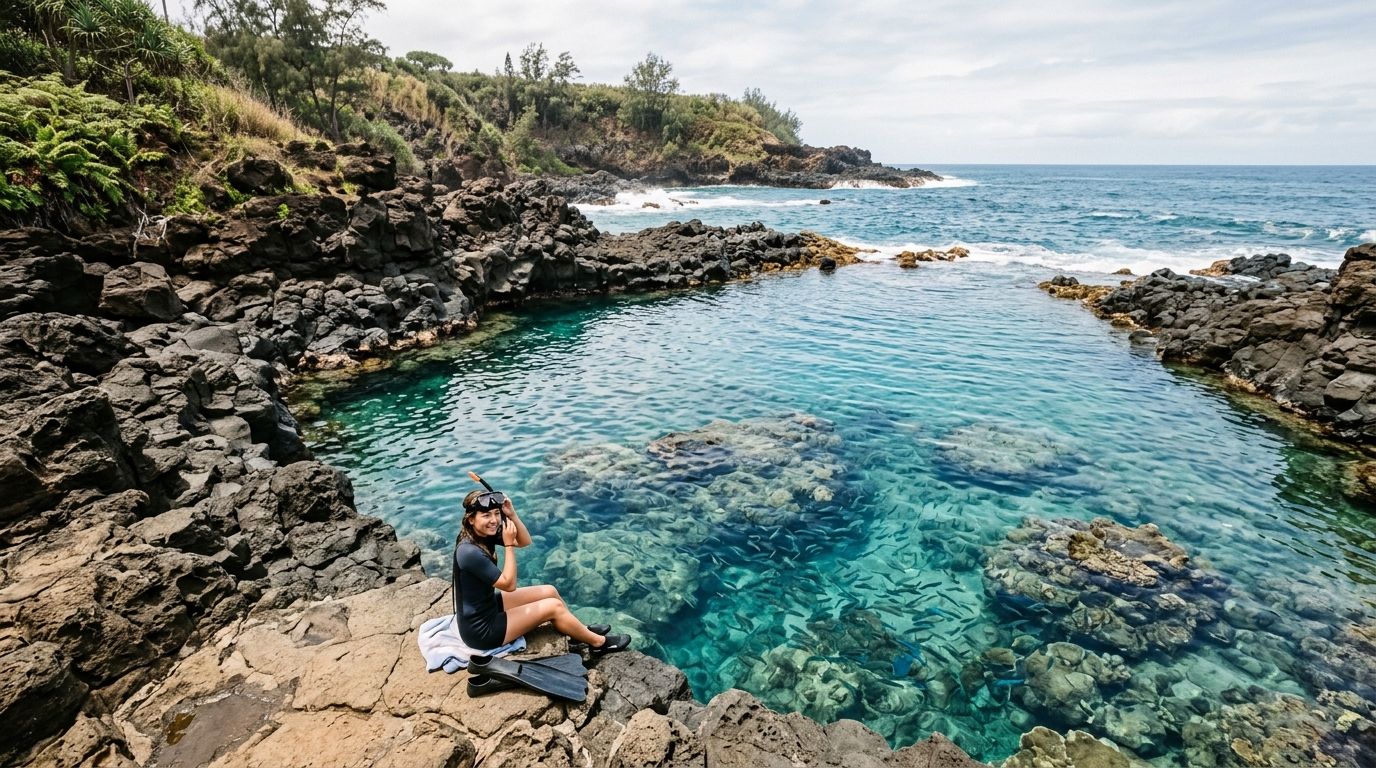 A smiling woman wearing snorkeling gear sits on volcanic rocks beside a beautiful clear tidal pool in Hawaii.