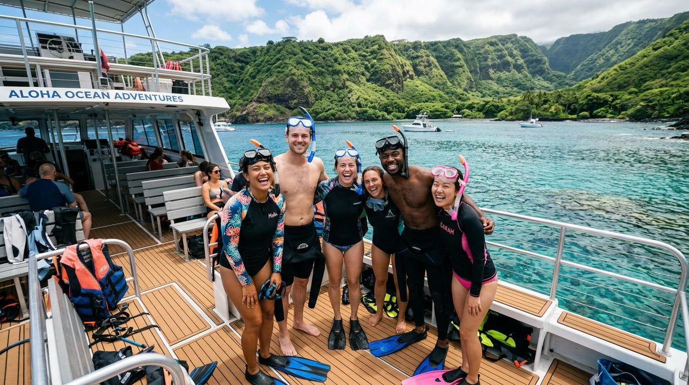 A diverse group of friends smiling on a boat deck during a snorkeling tour in Hawaii.