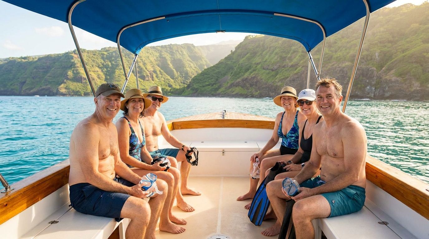 A group of friends sitting on a boat during a snorkeling trip in Hawaii with mountains nearby.