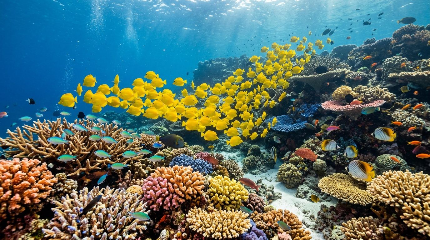 A vibrant coral reef ecosystem teeming with schools of bright yellow fish and various tropical marine life.