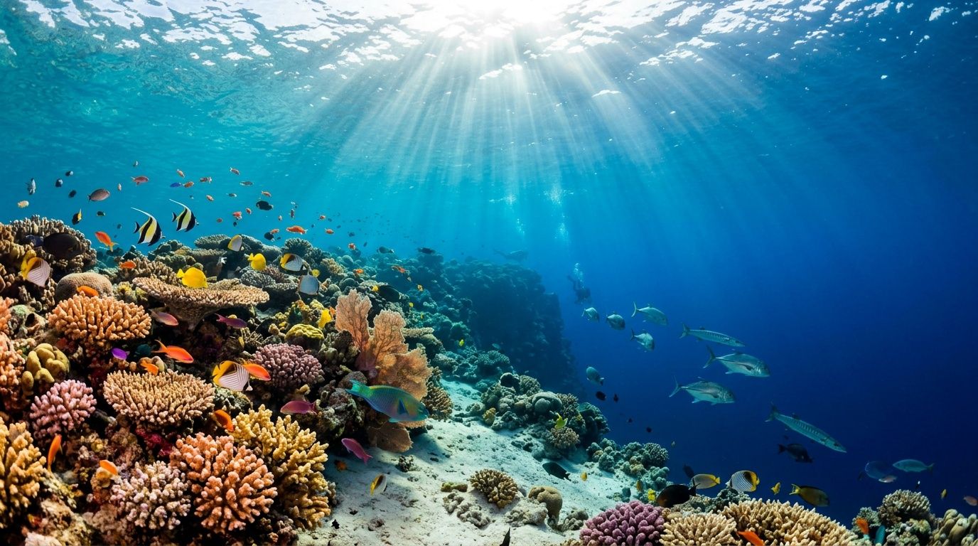 A vibrant coral reef teeming with colorful tropical fish underwater with sunlight streaming through the surface.