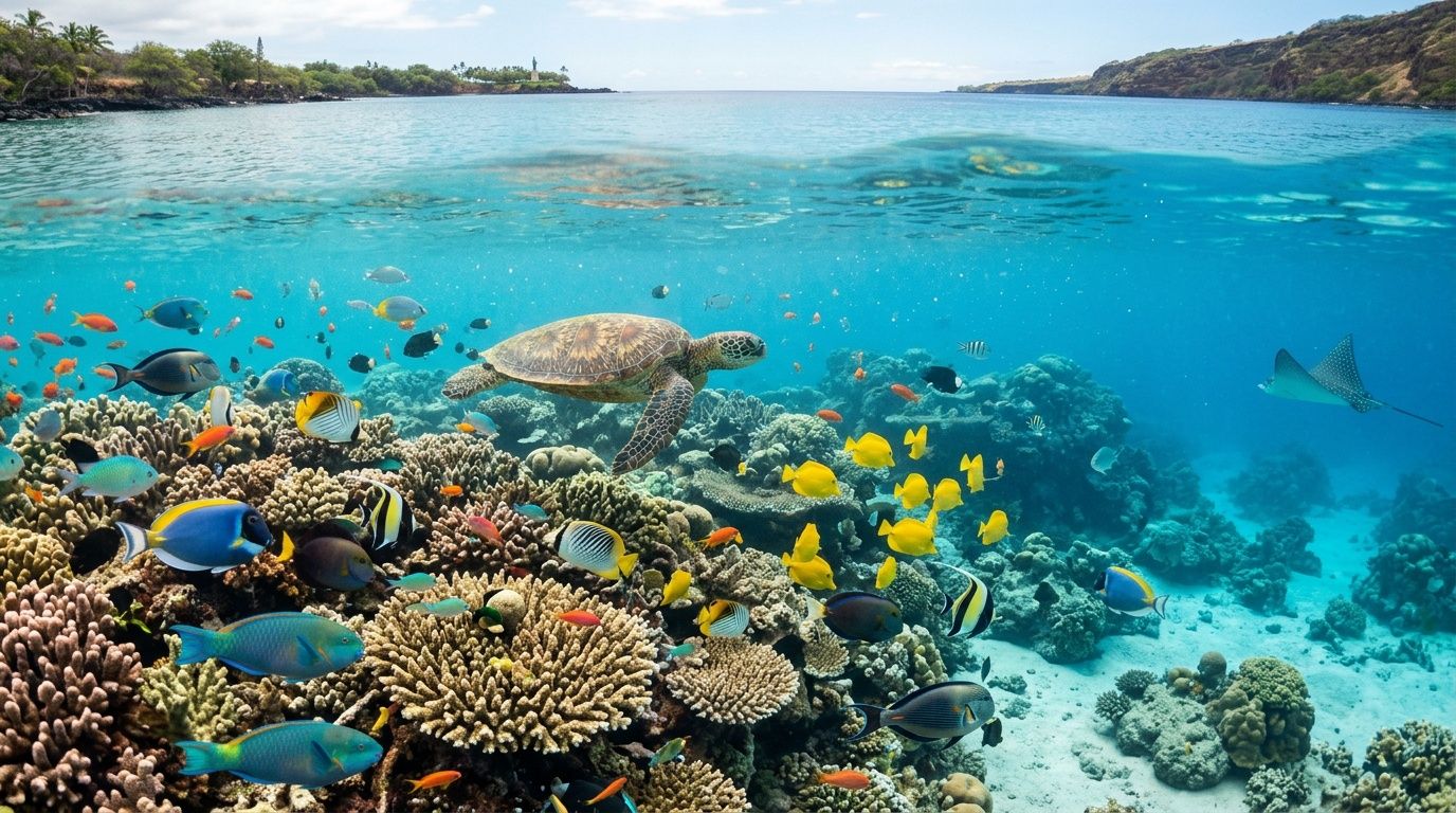 A sea turtle swims over a vibrant coral reef filled with colorful tropical fish near the ocean surface.