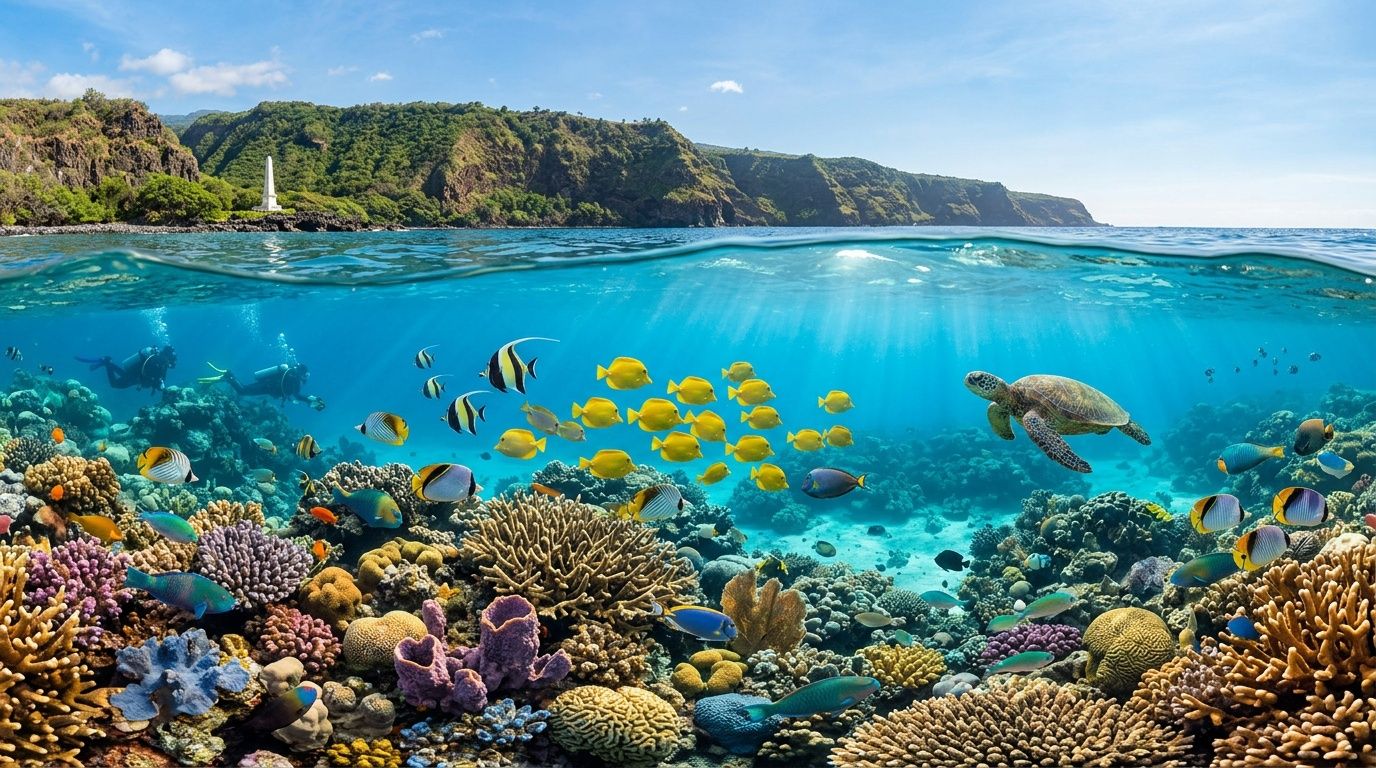 A split view showing the Big Island coastline and vibrant coral reef with snorkelers and sea turtles.